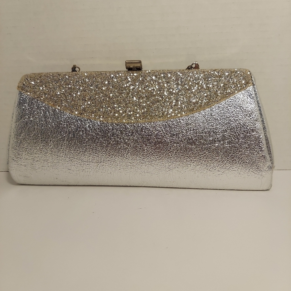 Vintage Silver Metallic + Glitter Clutch Evening Bag Purse Cocktail Prom Formal - Picture 4 of 15